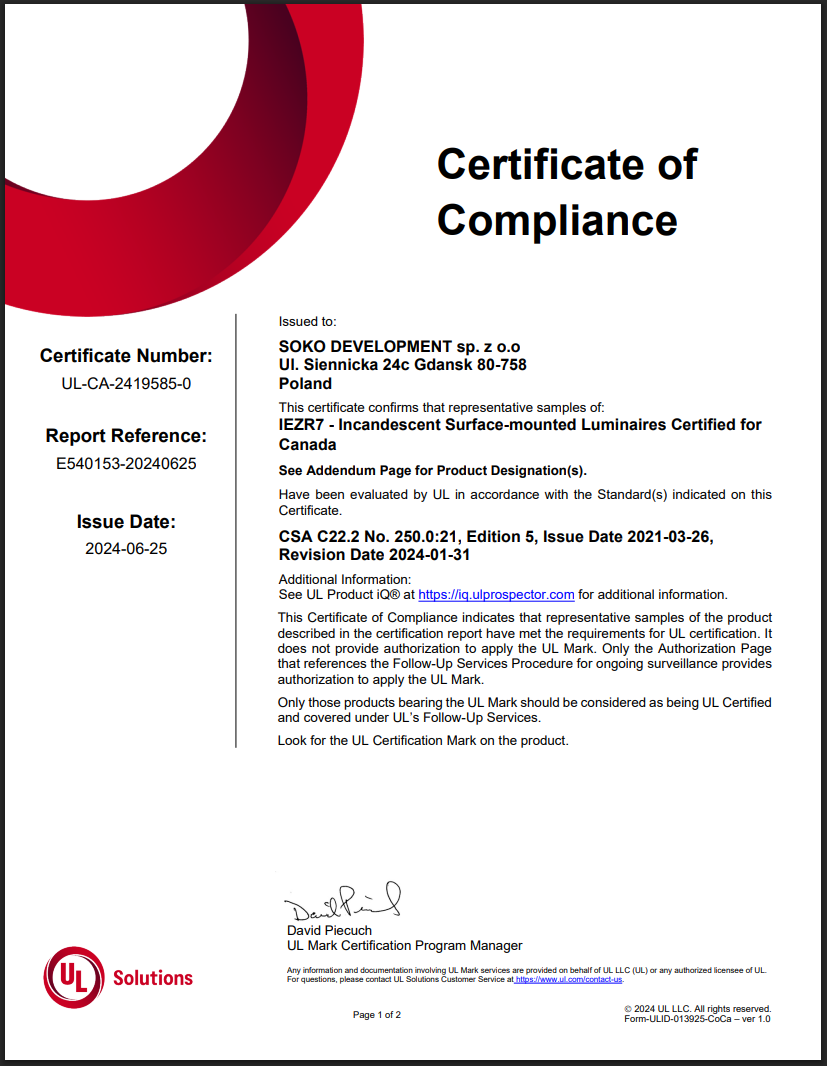 UL and CSA certificate of compliance
