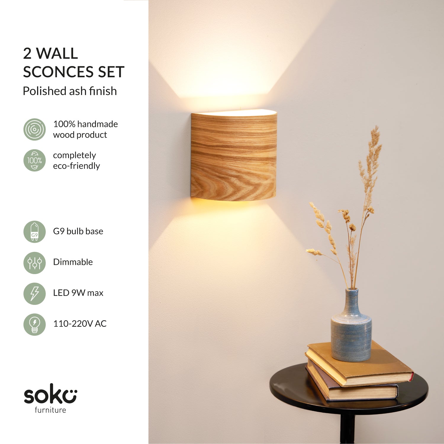 Certified ash wall sconce pair, side view