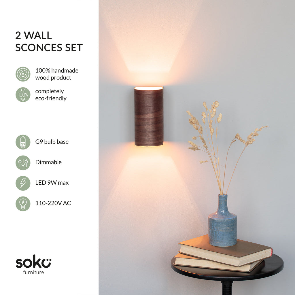 Pair of wood wall lamps with warm glow