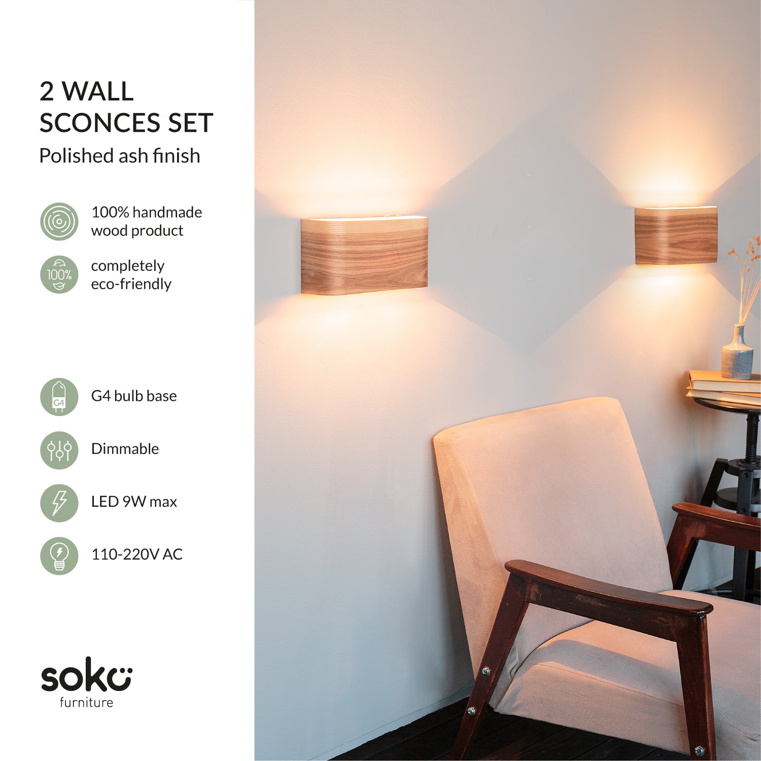 Ash wall sconce pair close-up