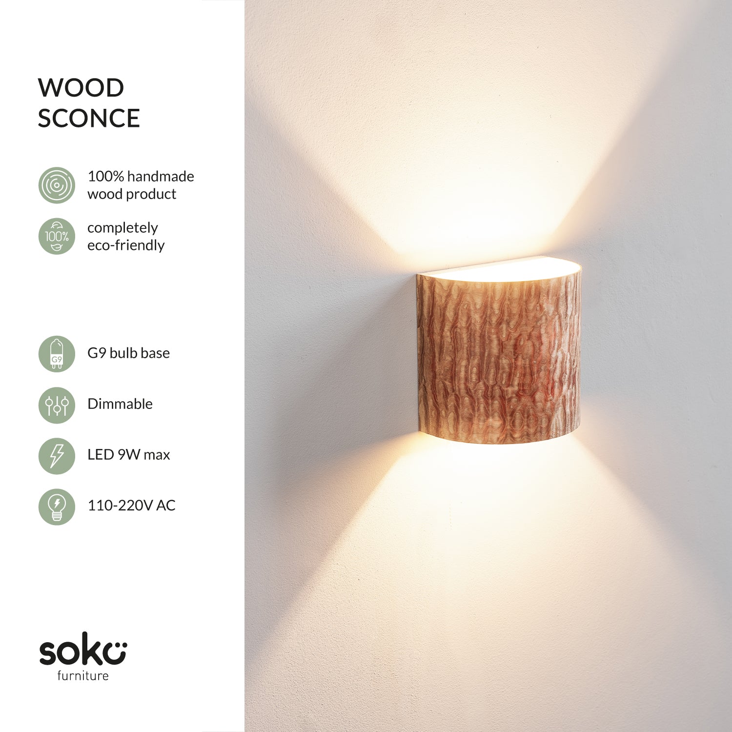 Handmade Japanese ash wall sconce, front view