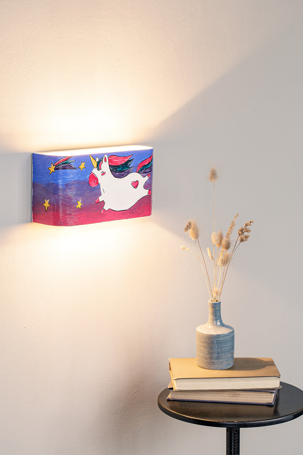 Unicorn kids room wall light, side view