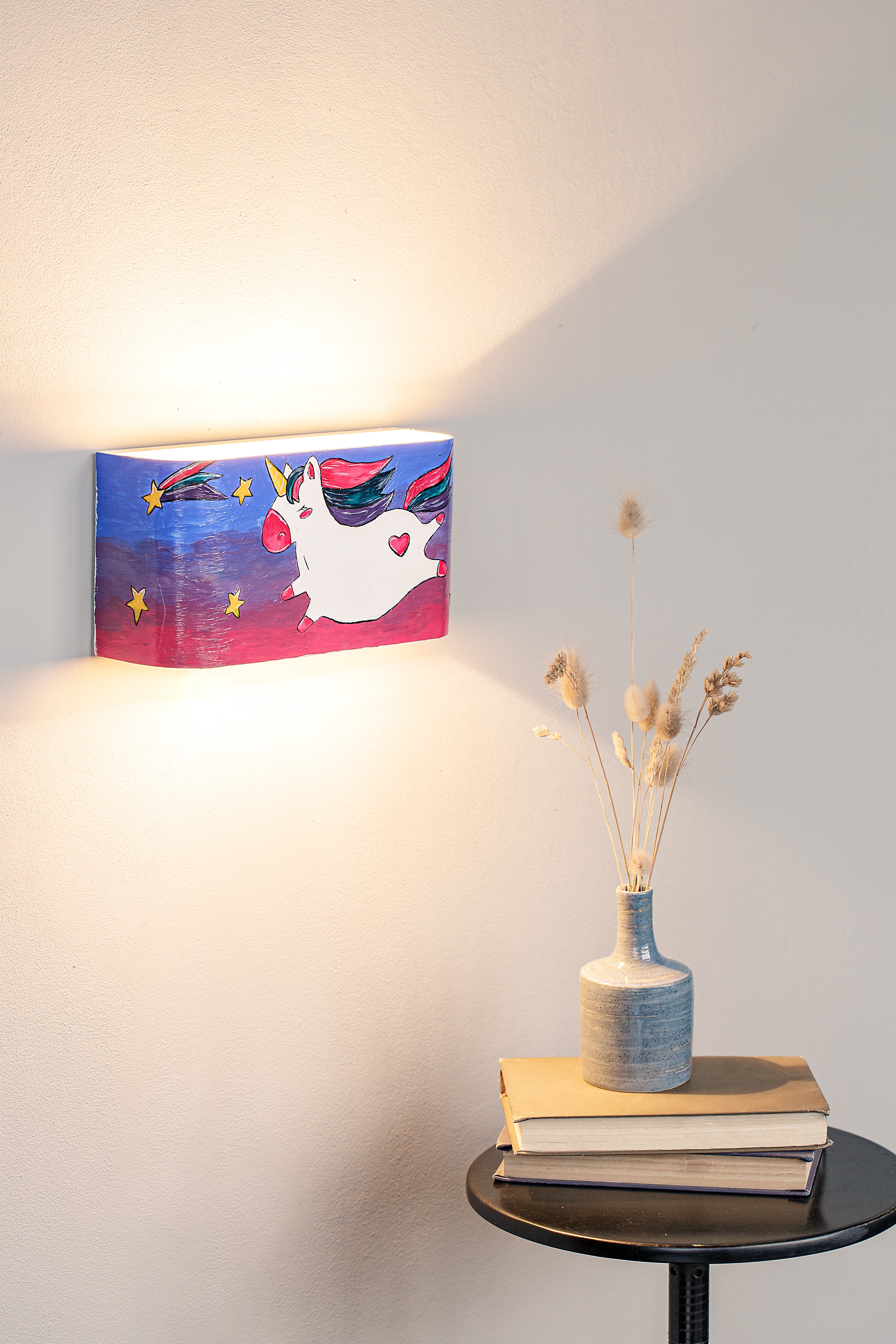 Unicorn kids room wall light, side view