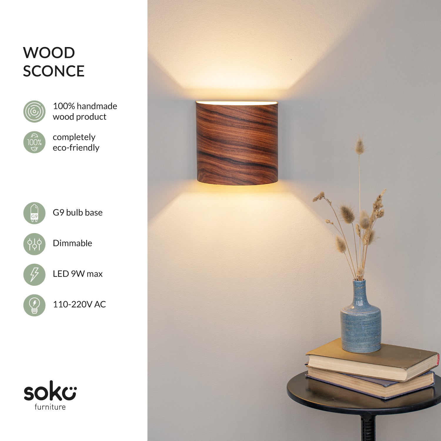 Rosewood wall sconce close-up showing grain