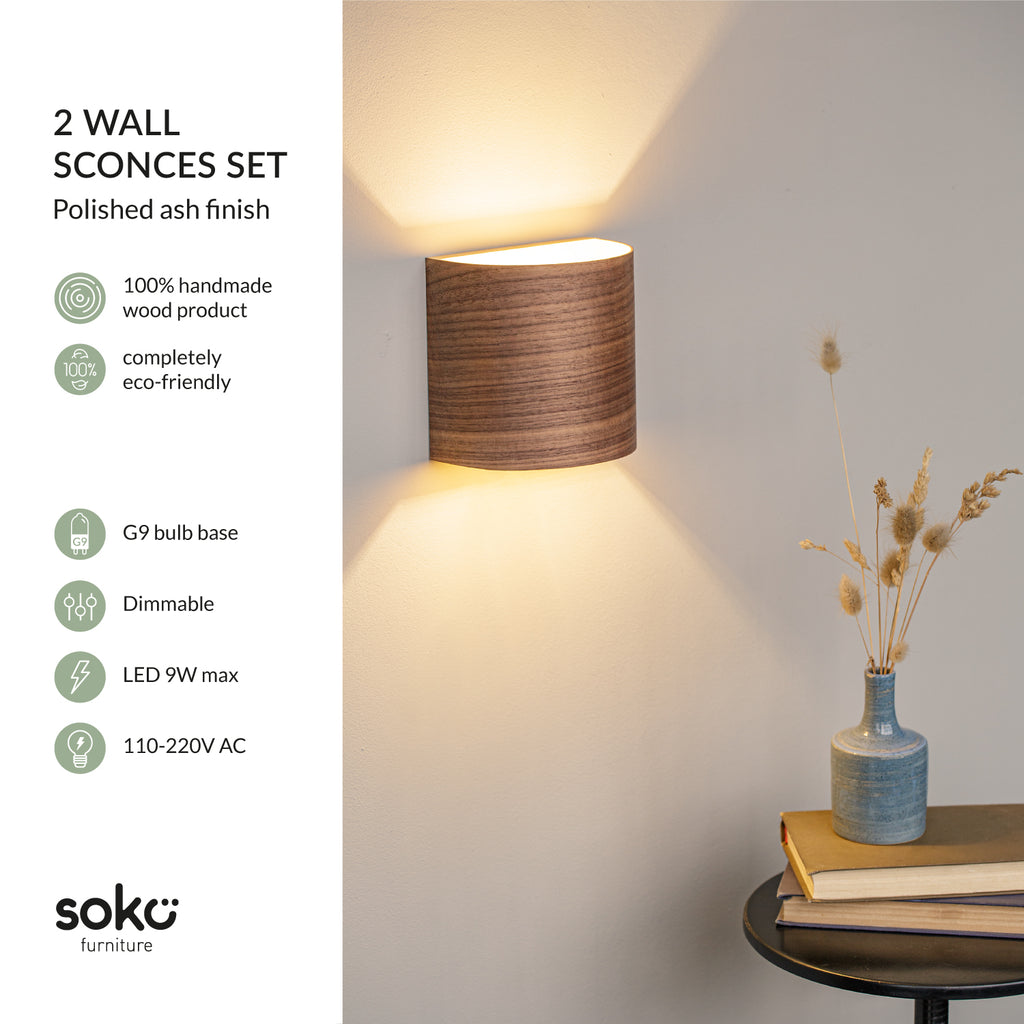 Walnut hallway sconce close-up showing dark grain
