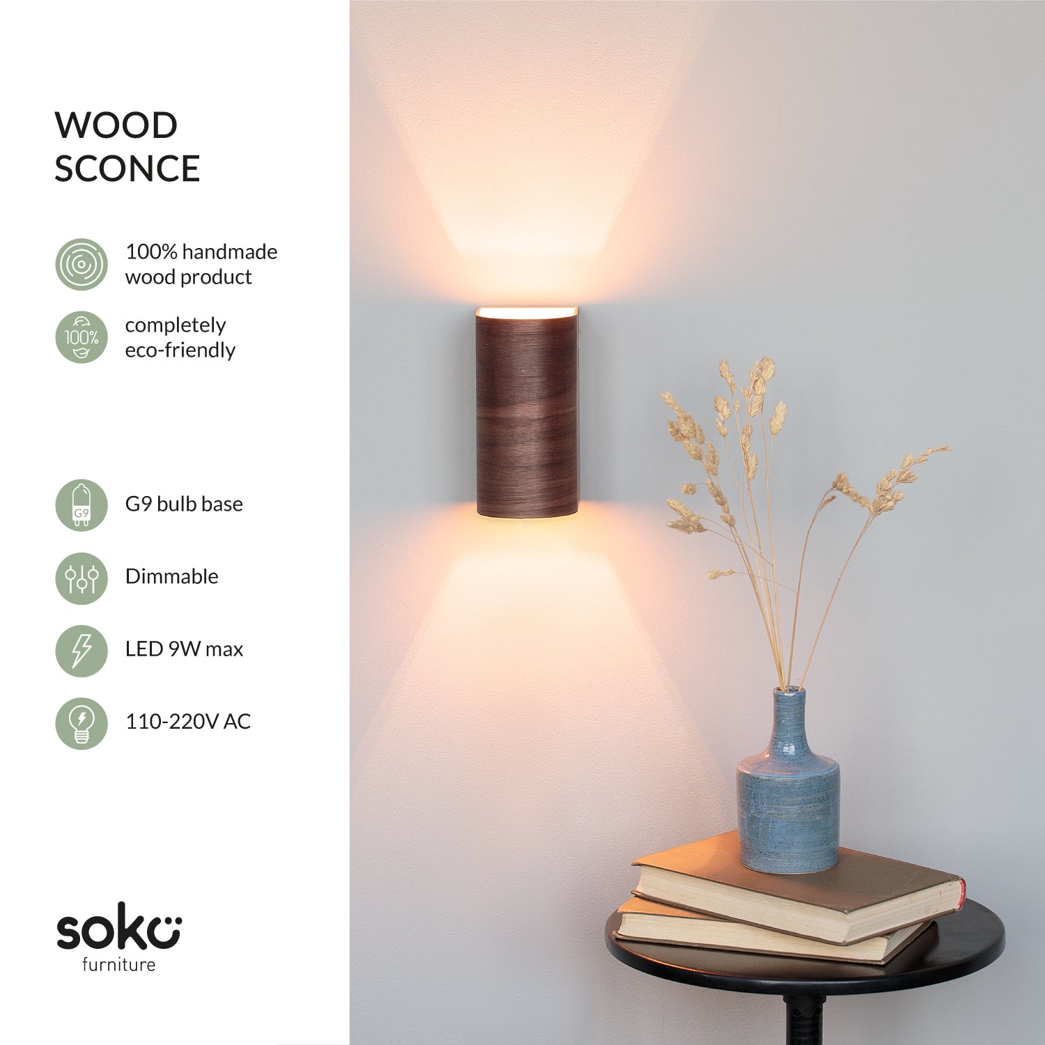 Wall mounted wood lamps lit