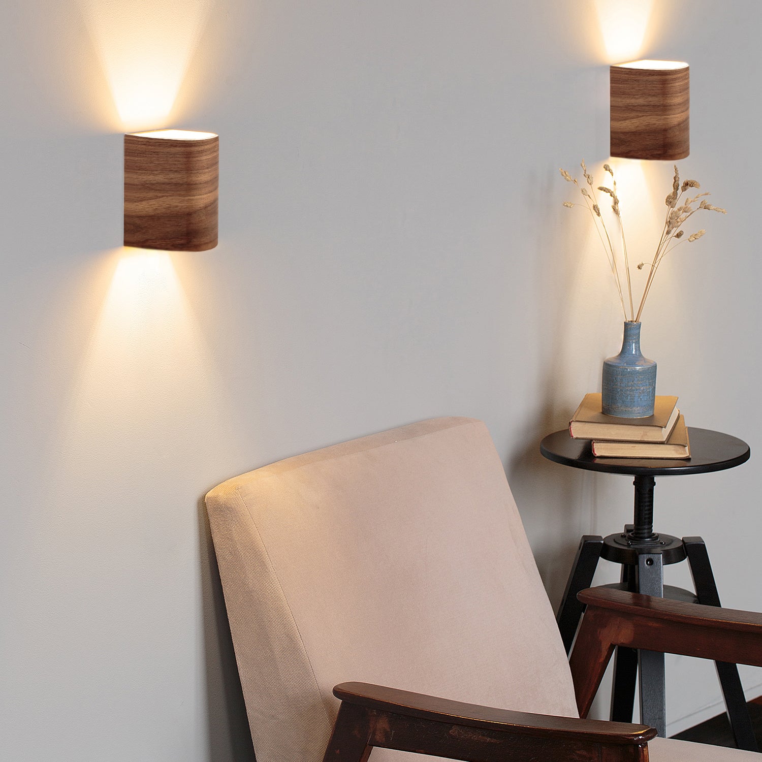Matching wood wall light fixtures, side view