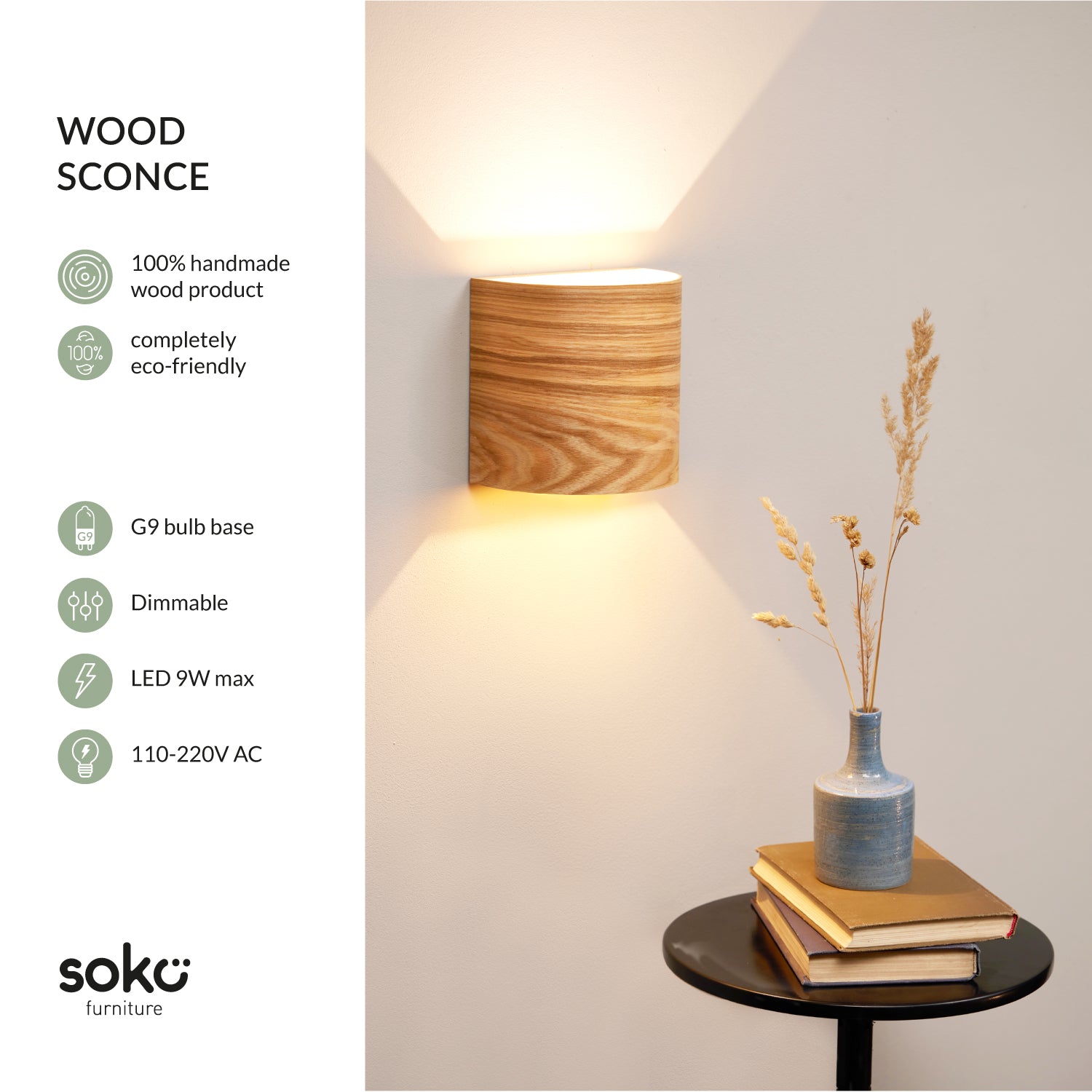Square ash wall sconce close-up