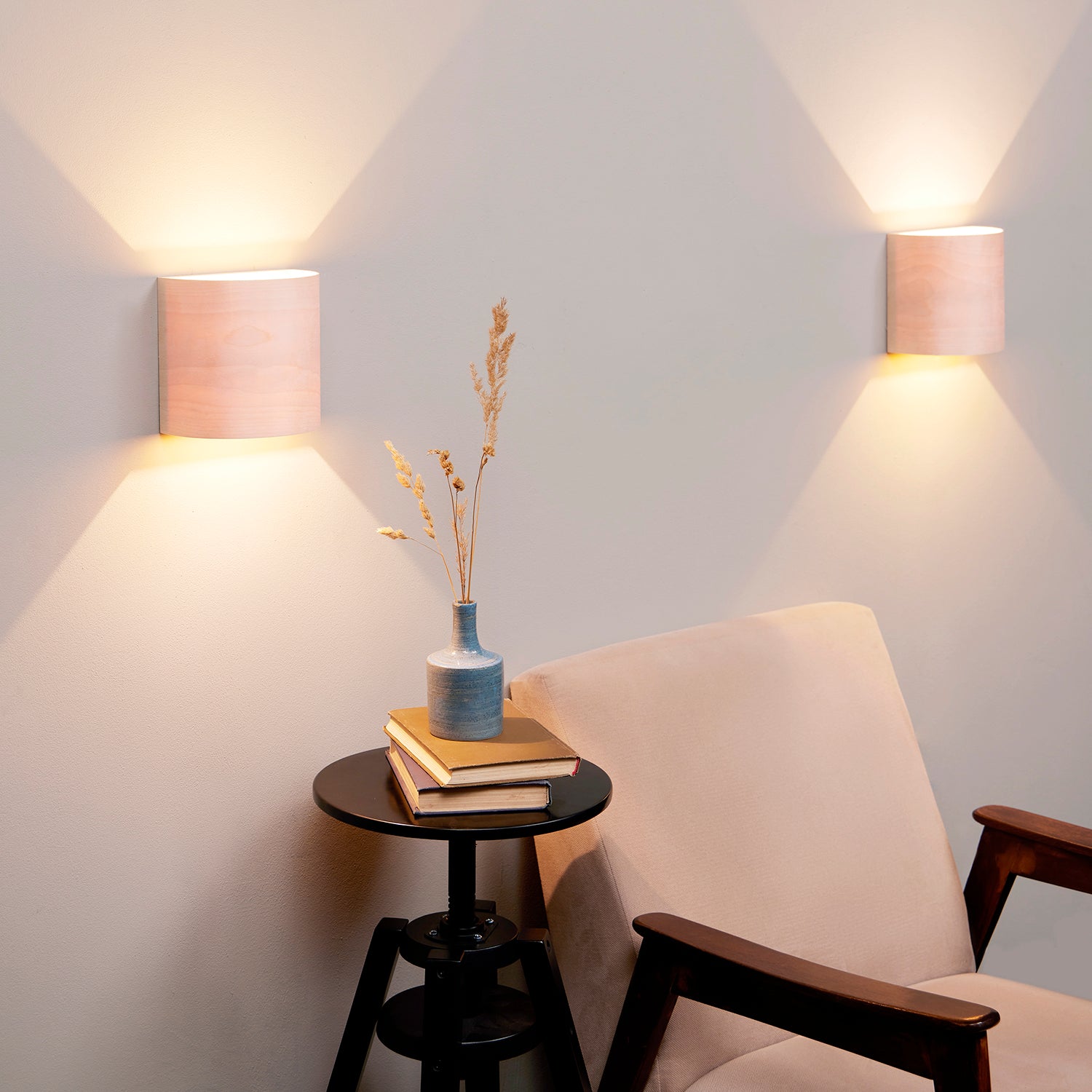 UL listed set of 2 birch wall sconces on a wall