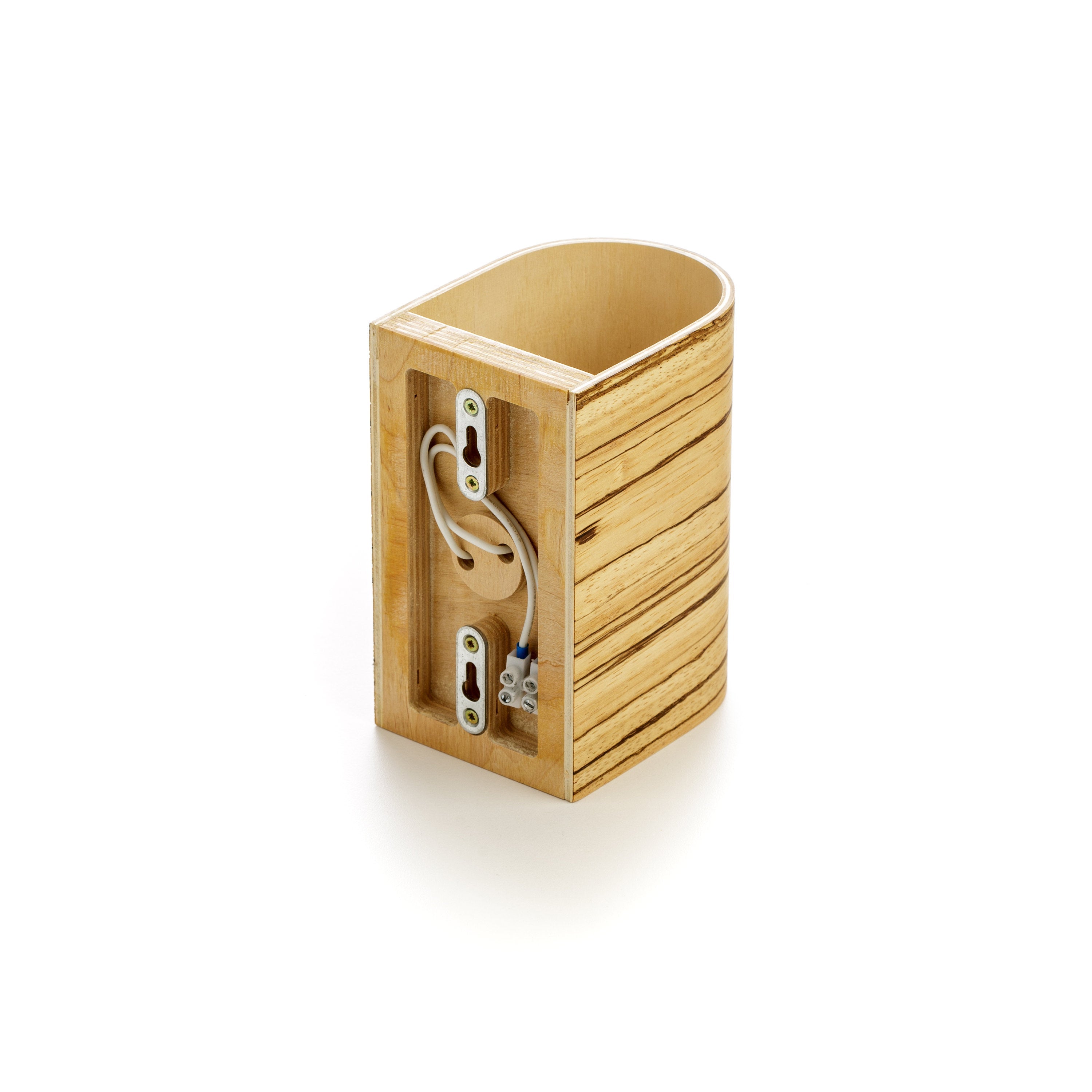Handmade zebrano statement wall sconce, front view