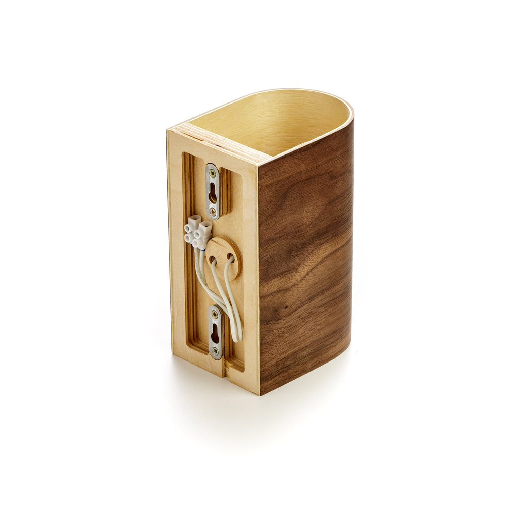 Black walnut wood wall sconce, lit