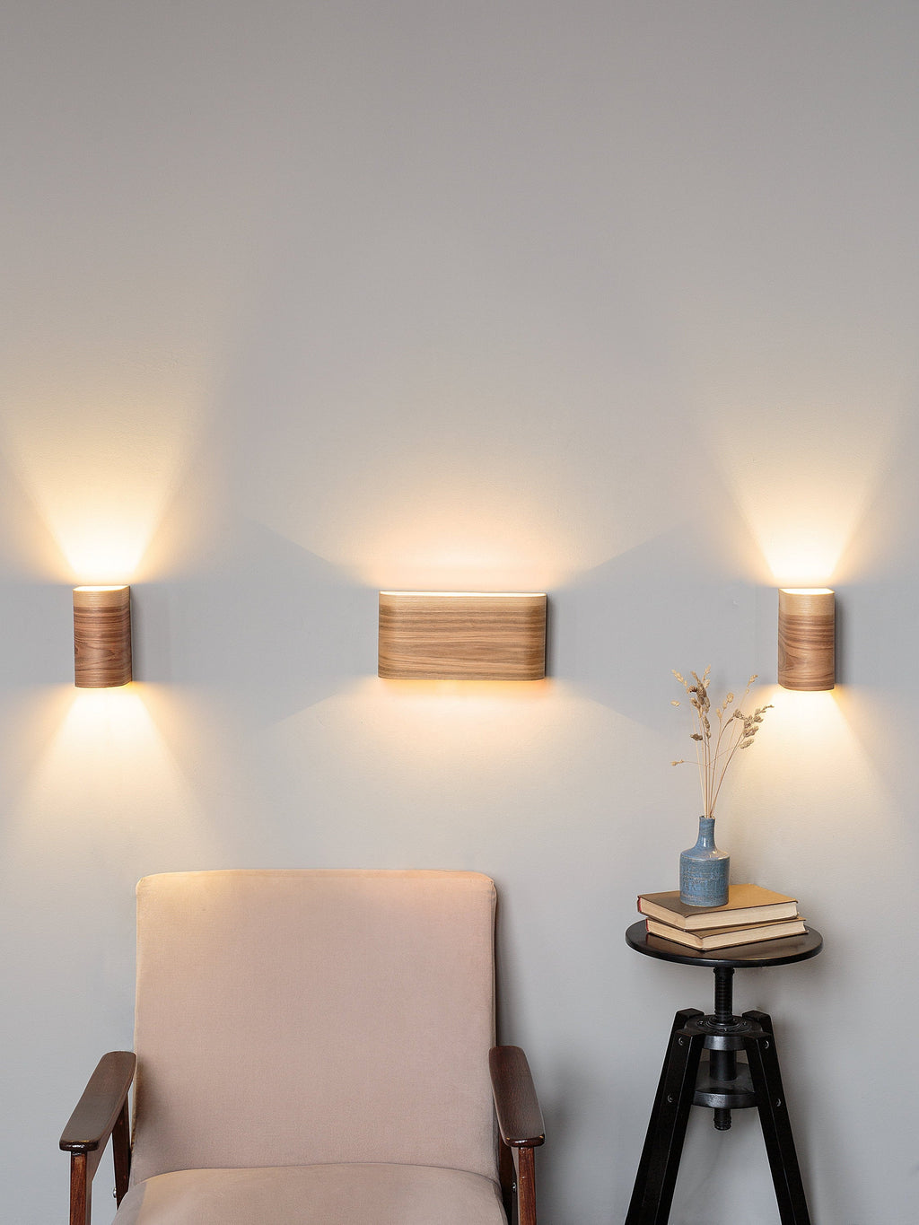 Set of 3 wood wall sconces, alternate view